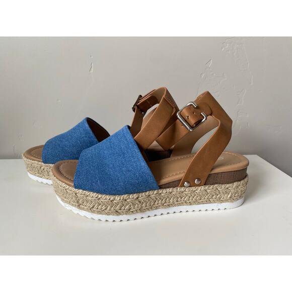 Women's Soda Open Toe Denim and Tan Espadrilles Wedge Sandals- Size 8.5 - Picture 2 of 6